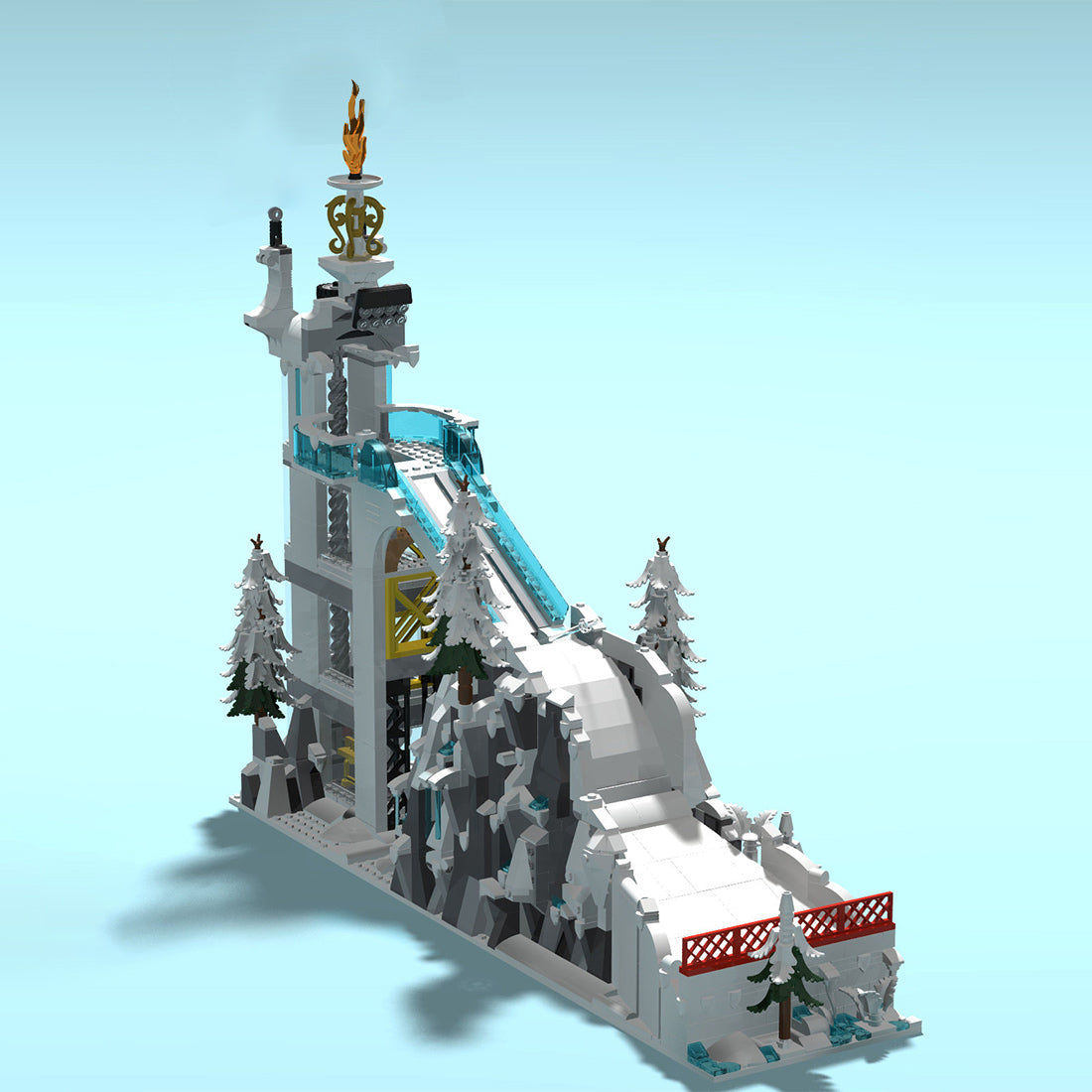 snowy mountain ski jump scene building blocks set winter landscape moc model