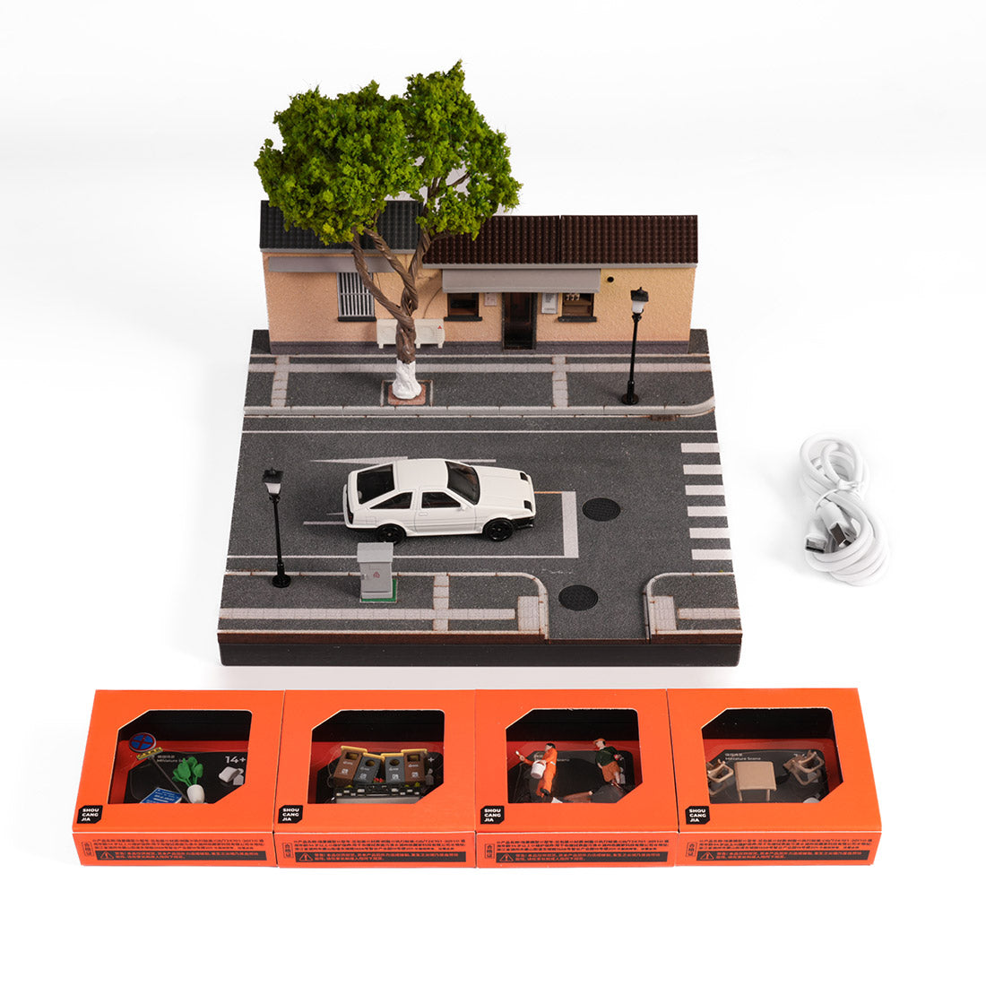1/64 scale nanjing corner coffee shop diorama building scene model with led street lamps