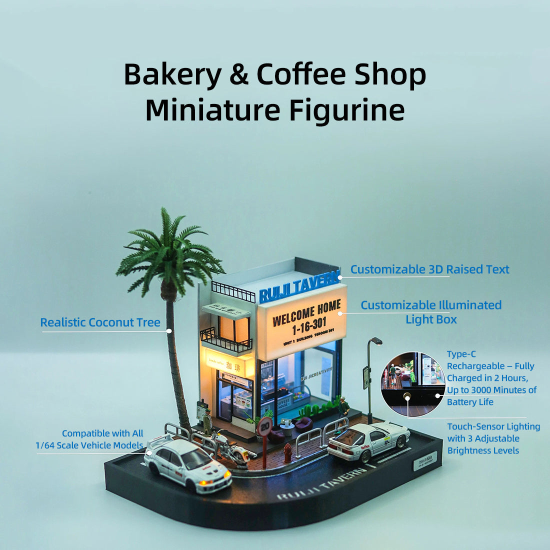 1/64 Scale LED Coffee Shop Diorama Street Corner Scene with Miniature Urban Display Base