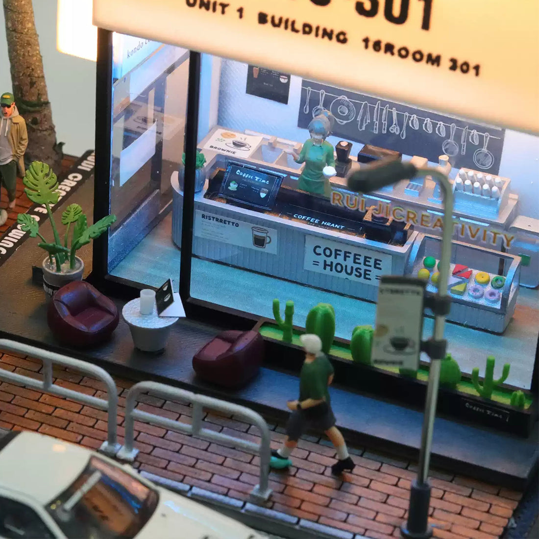 1/64 Scale LED Coffee Shop Diorama Street Corner Scene with Miniature Urban Display Base
