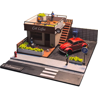 1/64 Scale Corner Coffee Shop Parking Lot Diorama, 3D Printed Miniature Building Scene with Street Layout, Desktop Display Model