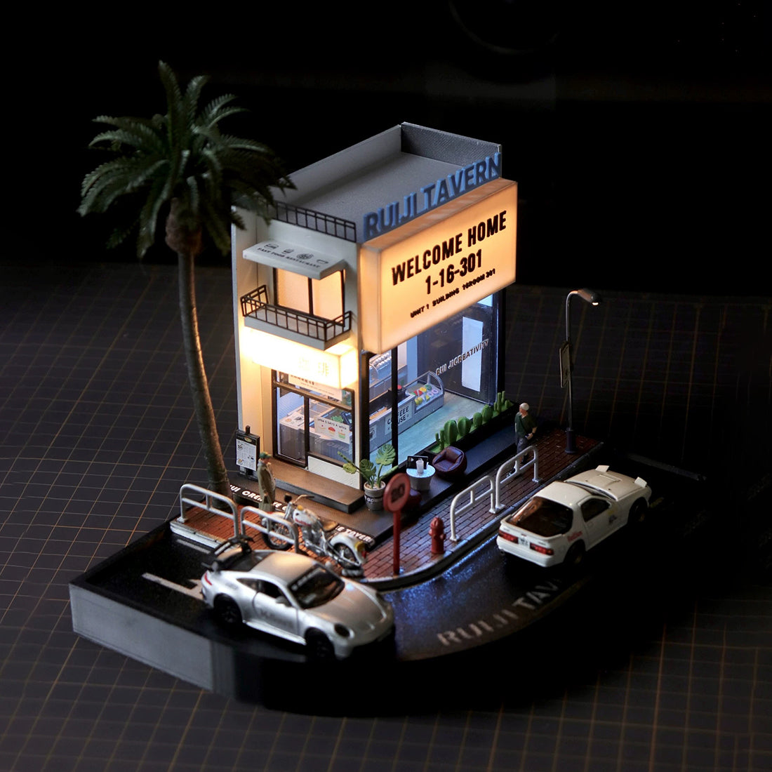 1/64 scale city street diorama with led lights and realistic details