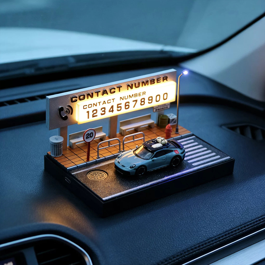 1/64 scale miniature bus stop diorama with led lighting and custom sign