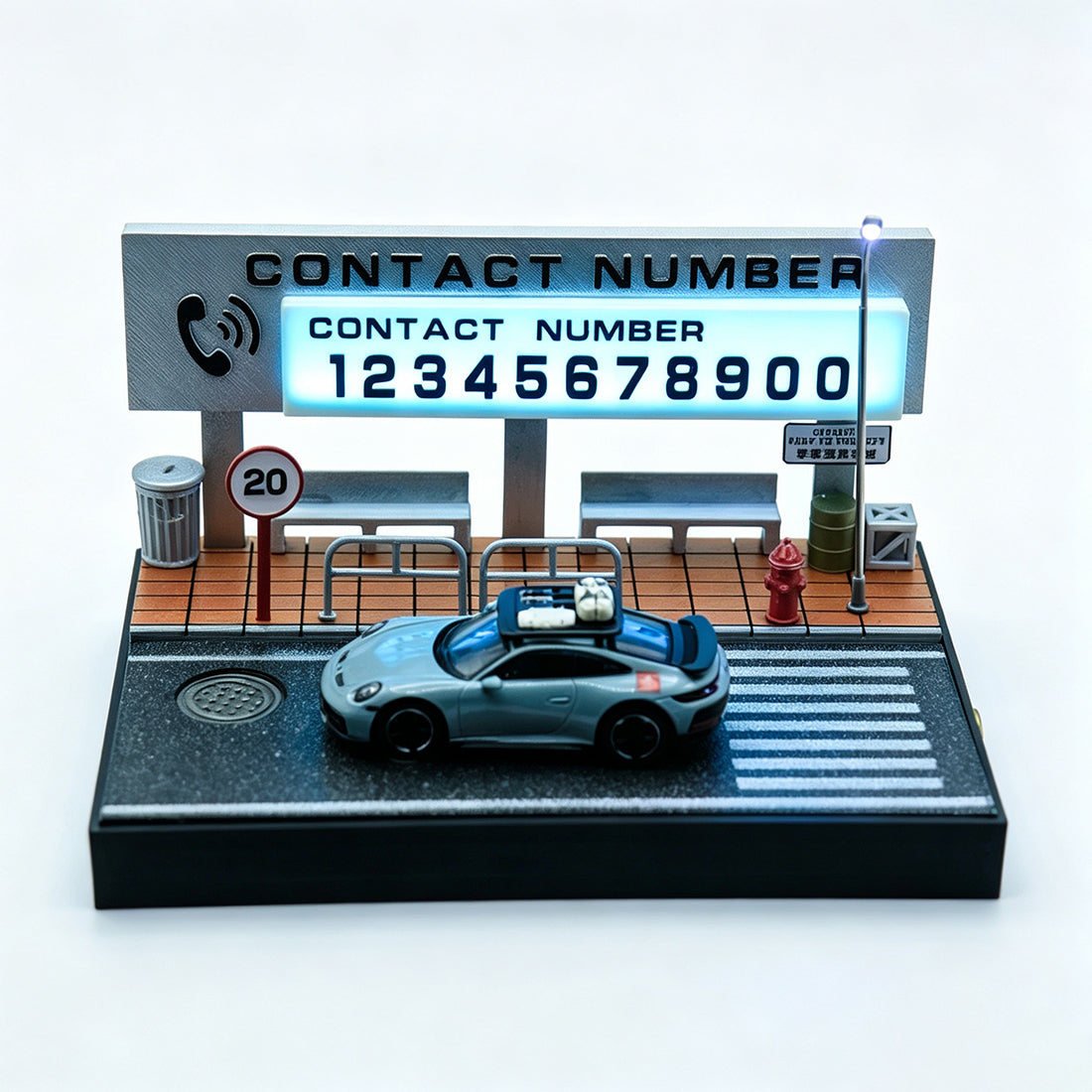 1/64 scale realistic bus stop diorama model with illuminated street sign
