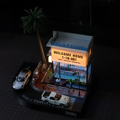 1/64 scale urban diorama building with illuminated coffee shop scene