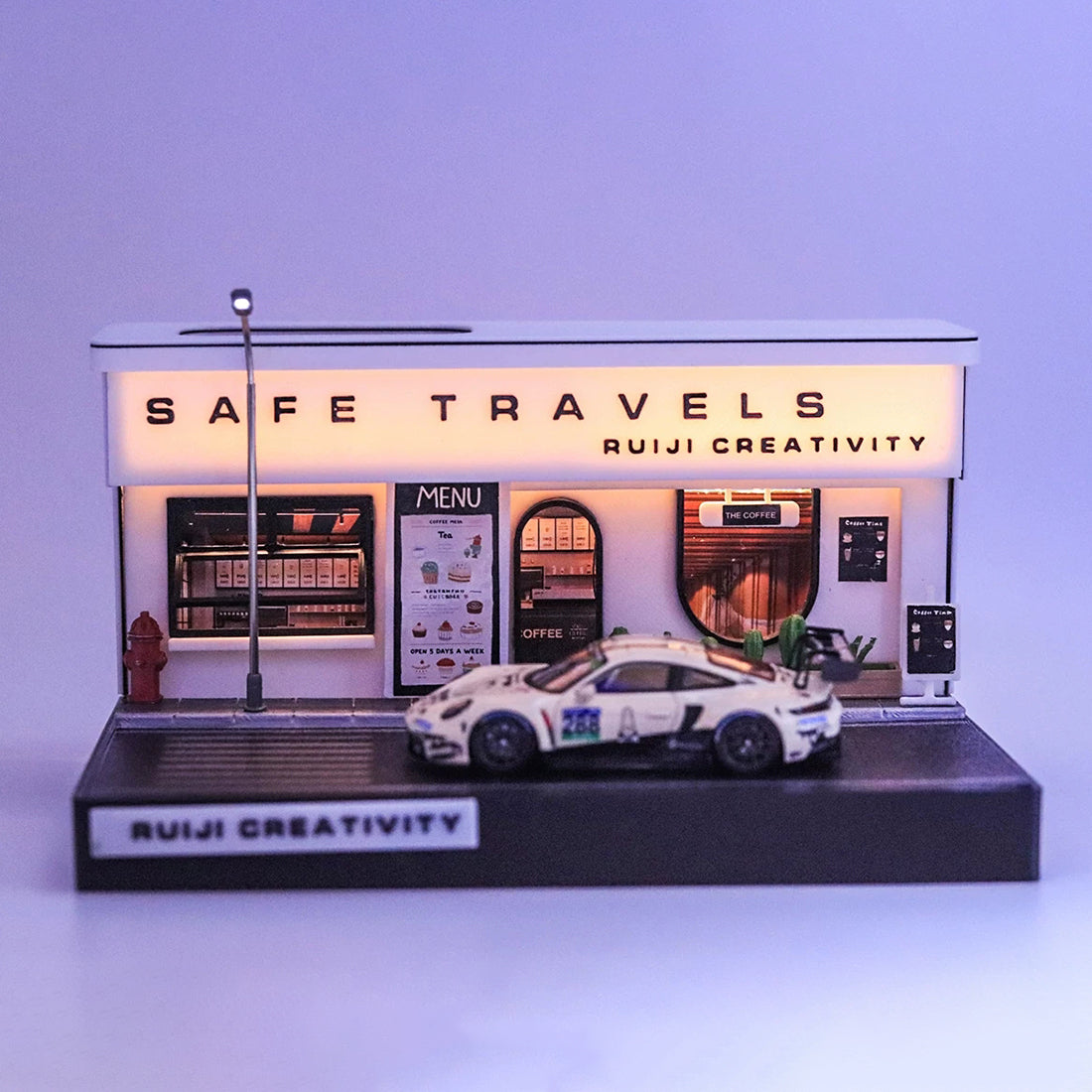 1/64 scale urban street scene coffee shop model with illuminated led diorama display