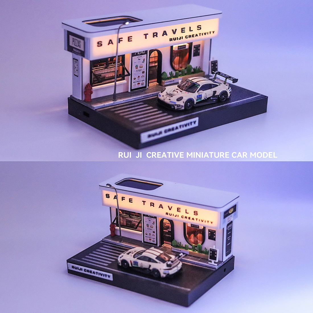 solar led miniature coffee shop diorama for 1/64 scale diecast vehicle and city scene display