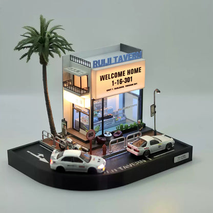 1/64 Scale LED Coffee Shop Diorama Street Corner Scene with Miniature Urban Display Base