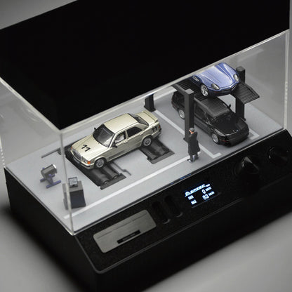 1/64 Scale Miniature Dynamic Garage Diorama Display Stand with LED Vehicle Test Bench