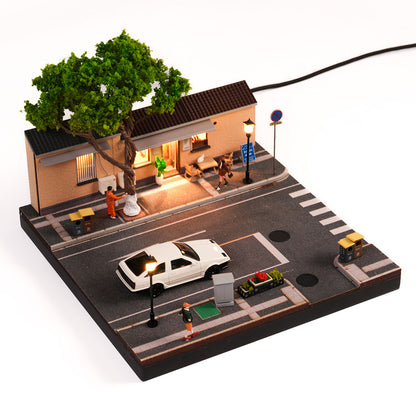1/64 scale nanjing corner coffee shop diorama building scene model with led street lamps