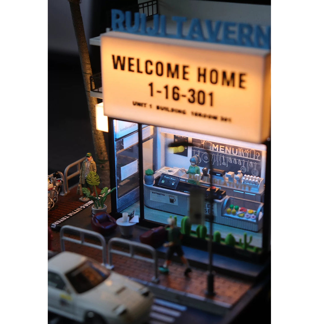 1/64 Scale LED Coffee Shop Diorama Street Corner Scene with Miniature Urban Display Base