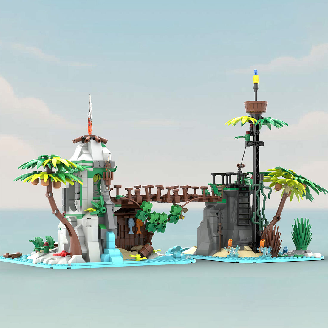 tropical forgotten island in palm tree beach village building blocks set(1278pcs)