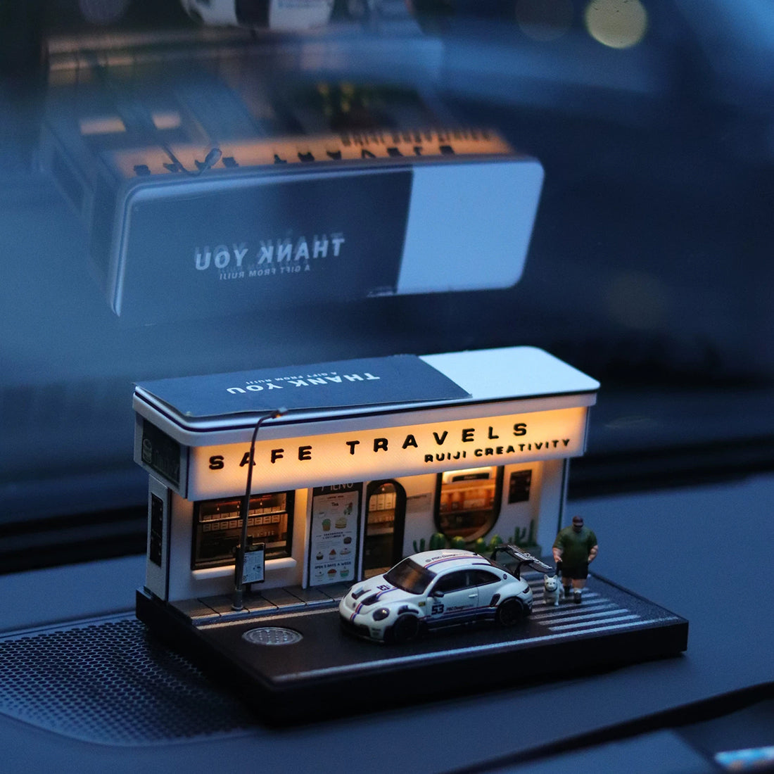 1/64 Scale Miniature Coffee Shop Diorama with Solar LED Lighting