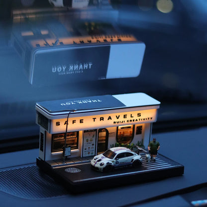 1/64 Scale Miniature Coffee Shop Diorama with Solar LED Lighting