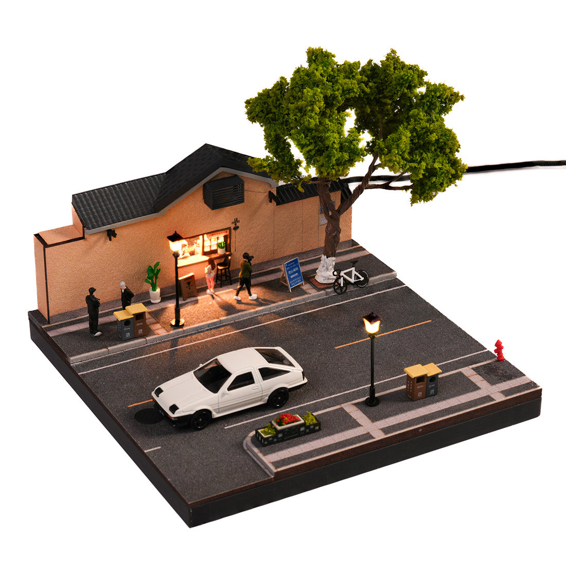 1/64 scale nanjing corner coffee shop diorama building scene model with led street lamps