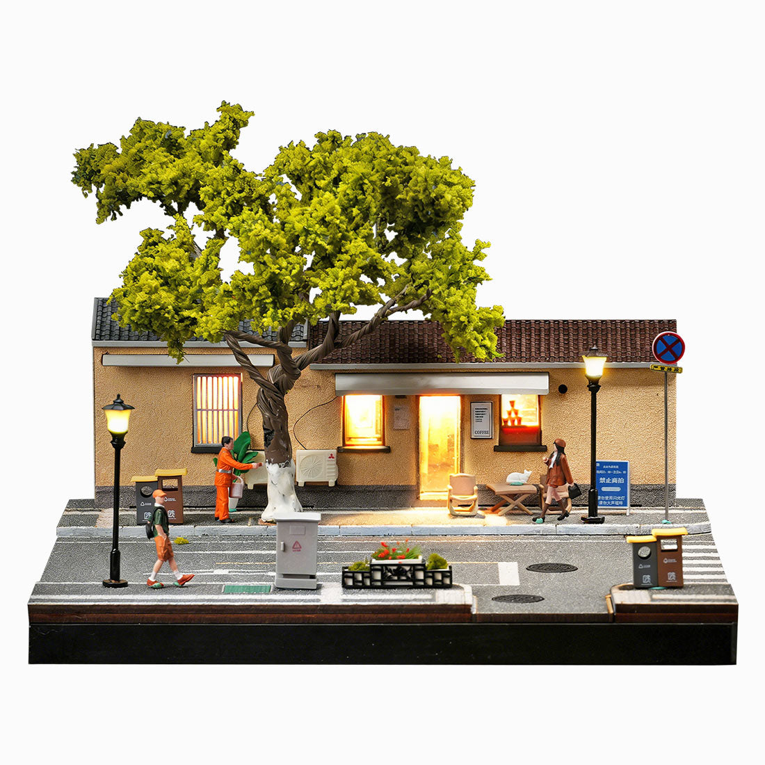1/64 scale nanjing corner coffee shop diorama building scene model with led street lamps