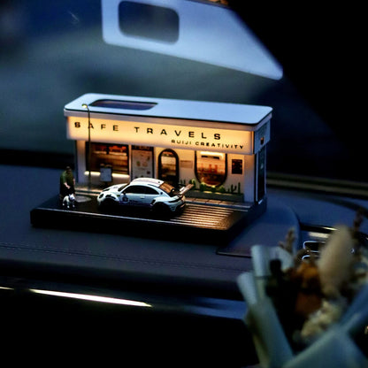 1/64 Scale Miniature Coffee Shop Diorama with Solar LED Lighting