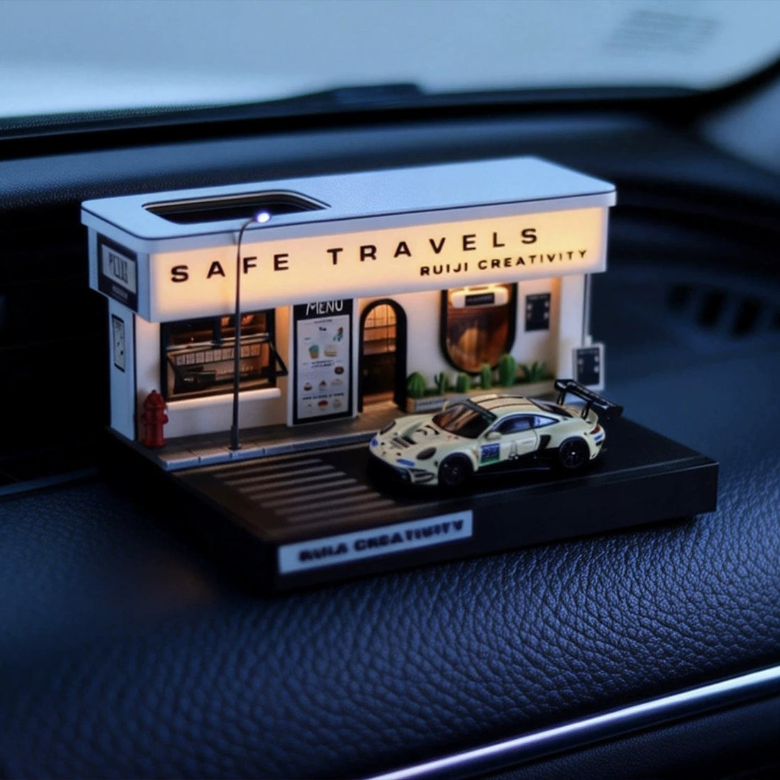 1/64 Scale Miniature Coffee Shop Diorama with Solar LED Lighting