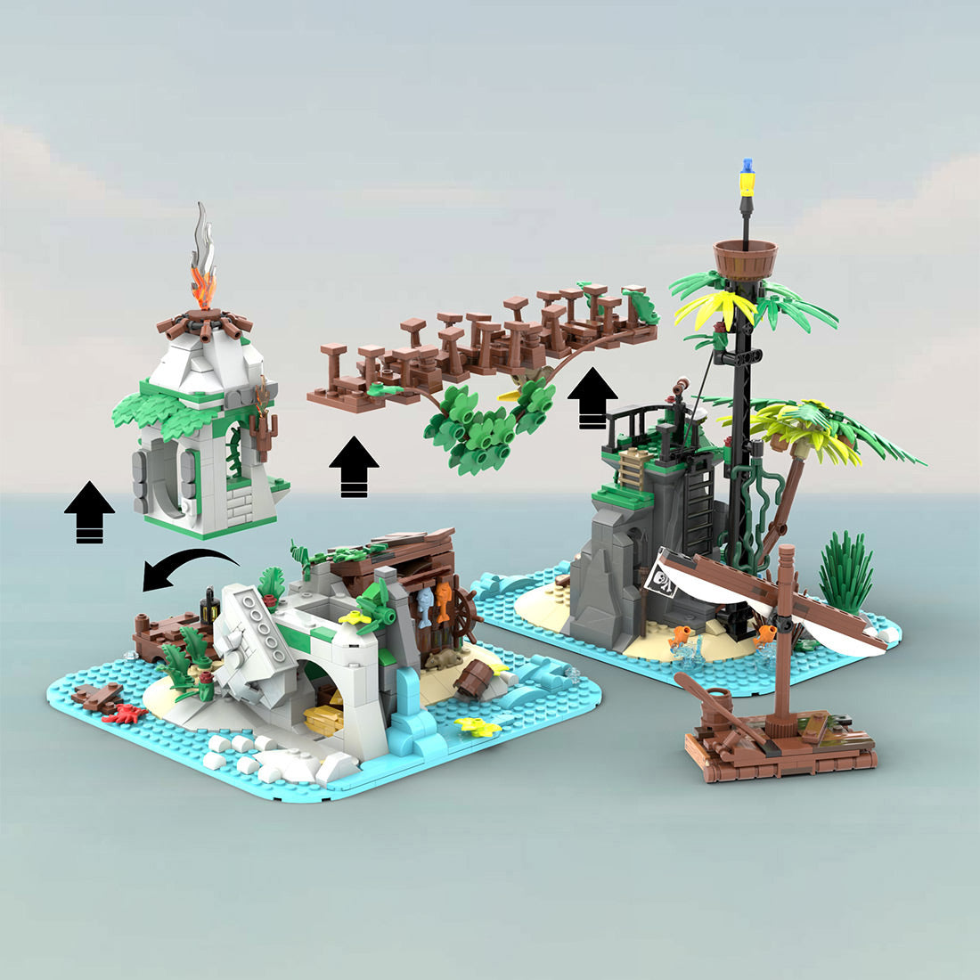 tropical forgotten island in palm tree beach village building blocks set(1278pcs)