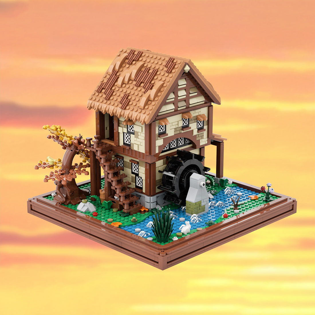 moc-219518 water mill-medieval village view building blocks set (1451pcs)