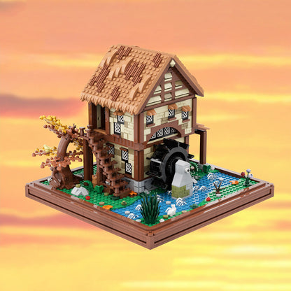 moc-219518 water mill-medieval village view building blocks set (1451pcs)