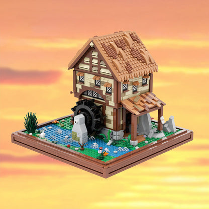 moc-219518 water mill-medieval village view building blocks set (1451pcs)