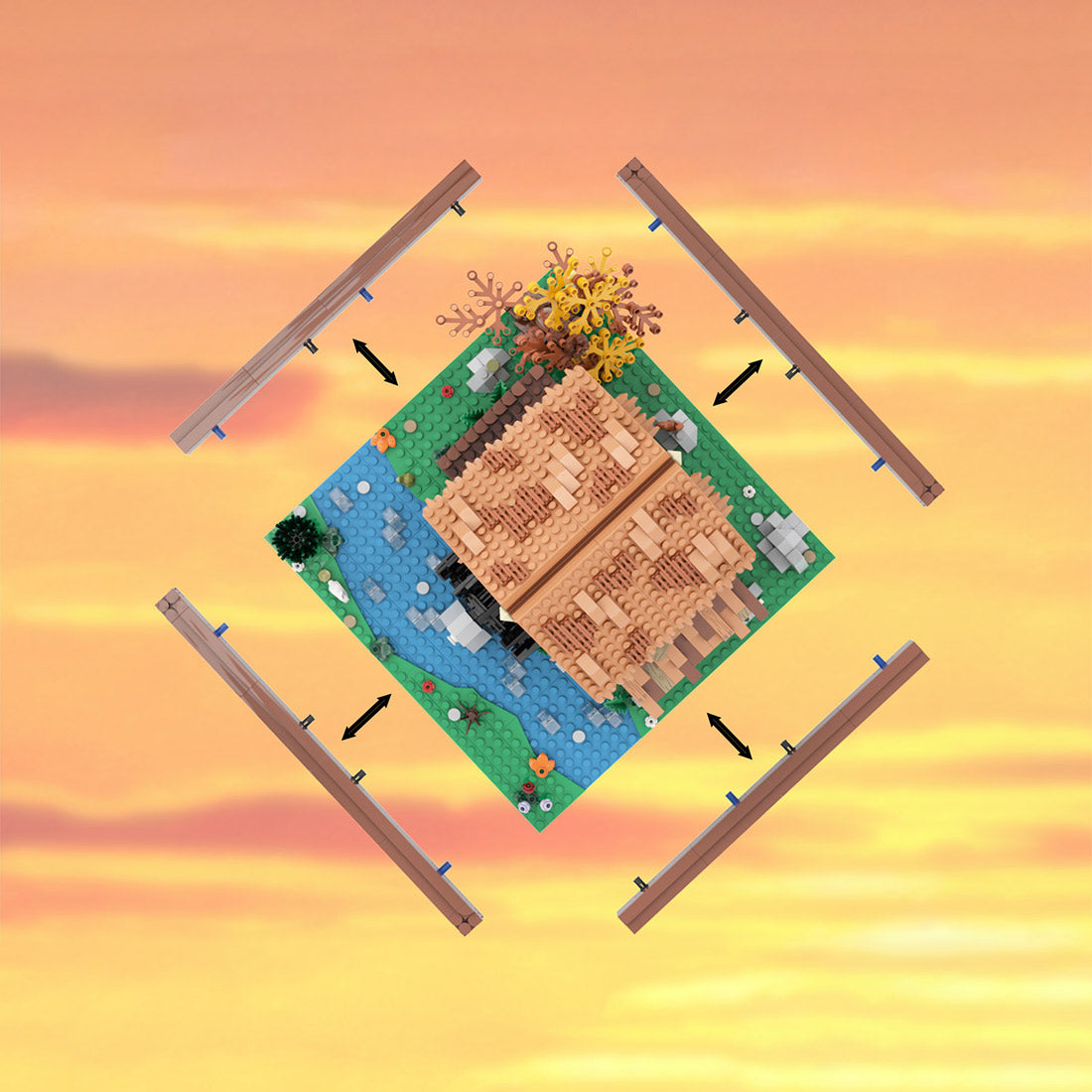 moc-219518 water mill-medieval village view building blocks set (1451pcs)