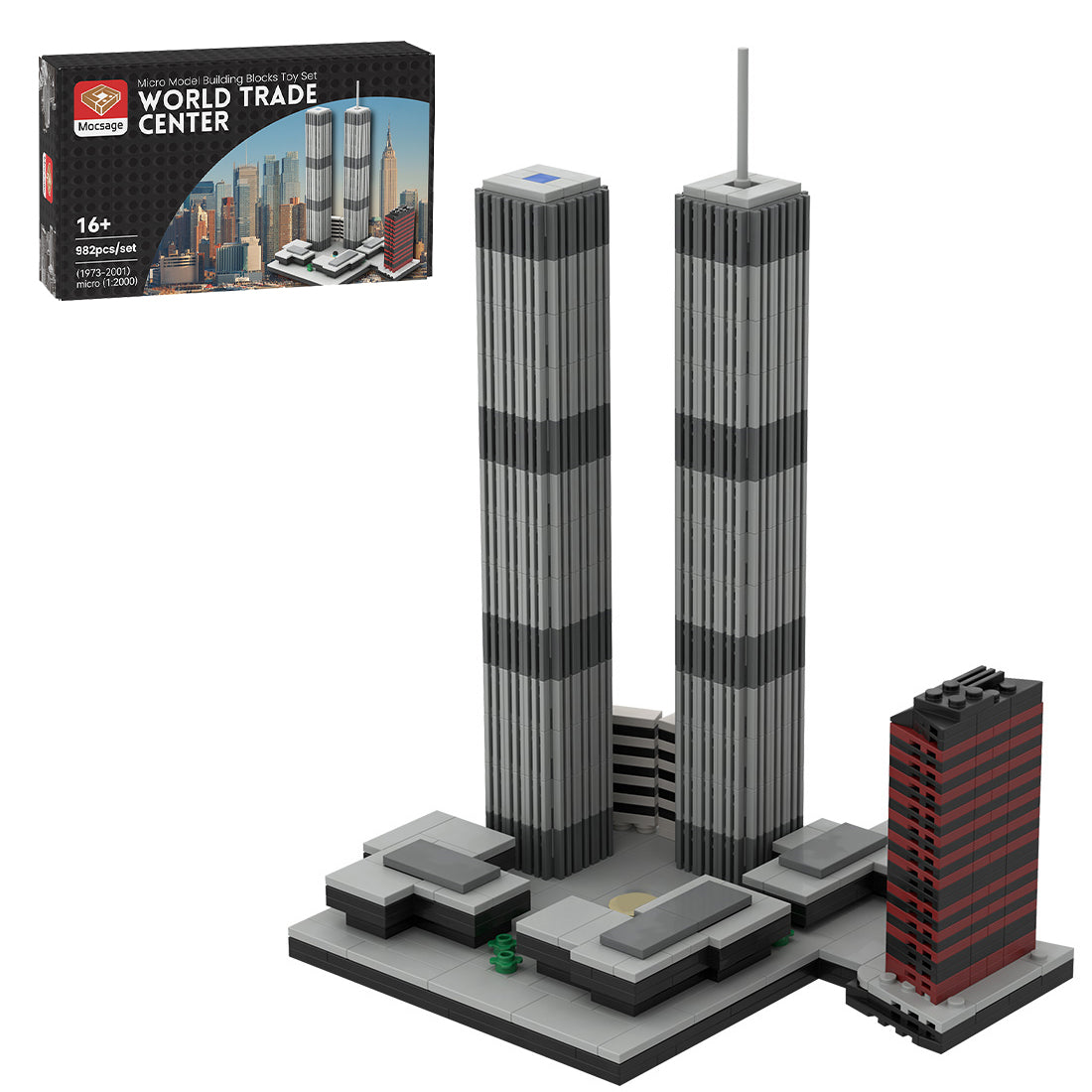 mocsage 1/2000 scale world trade center (1973-2001) micro parts building blocks set (982pcs)