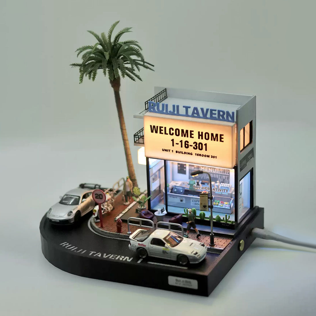 1/64 Scale LED Coffee Shop Diorama Street Corner Scene with Miniature Urban Display Base