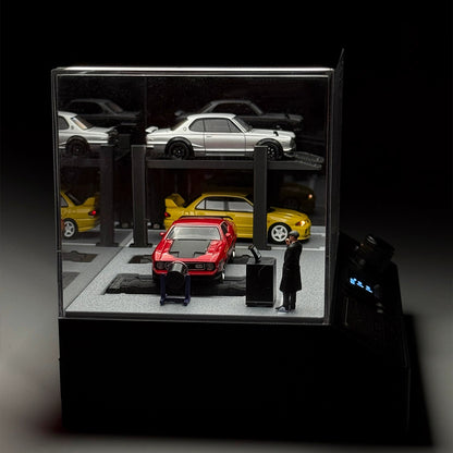 1/64 Scale Miniature Dynamic Garage Diorama Display Stand with LED Vehicle Test Bench