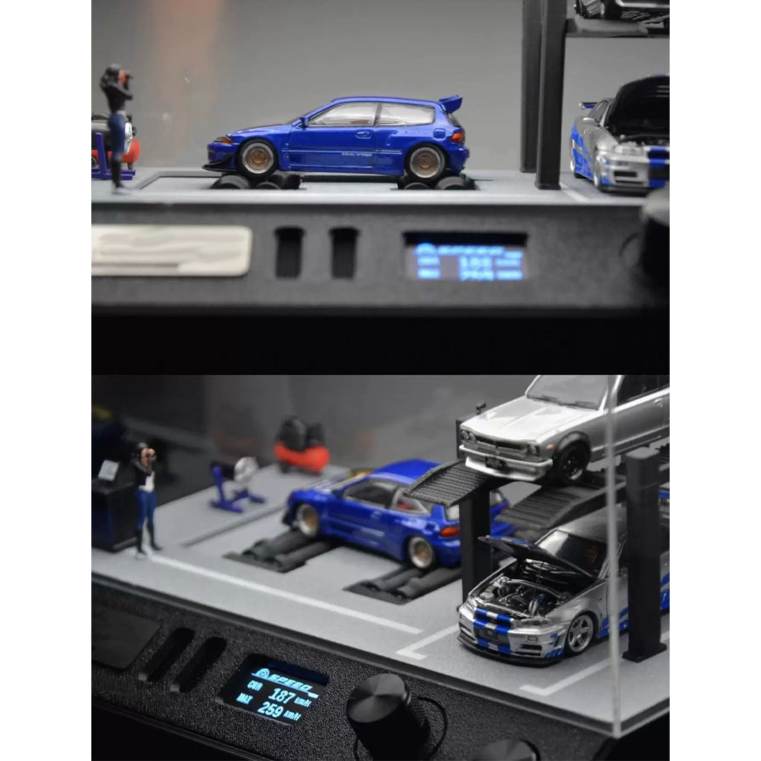 1/64 Scale Miniature Dynamic Garage Diorama Display Stand with LED Vehicle Test Bench