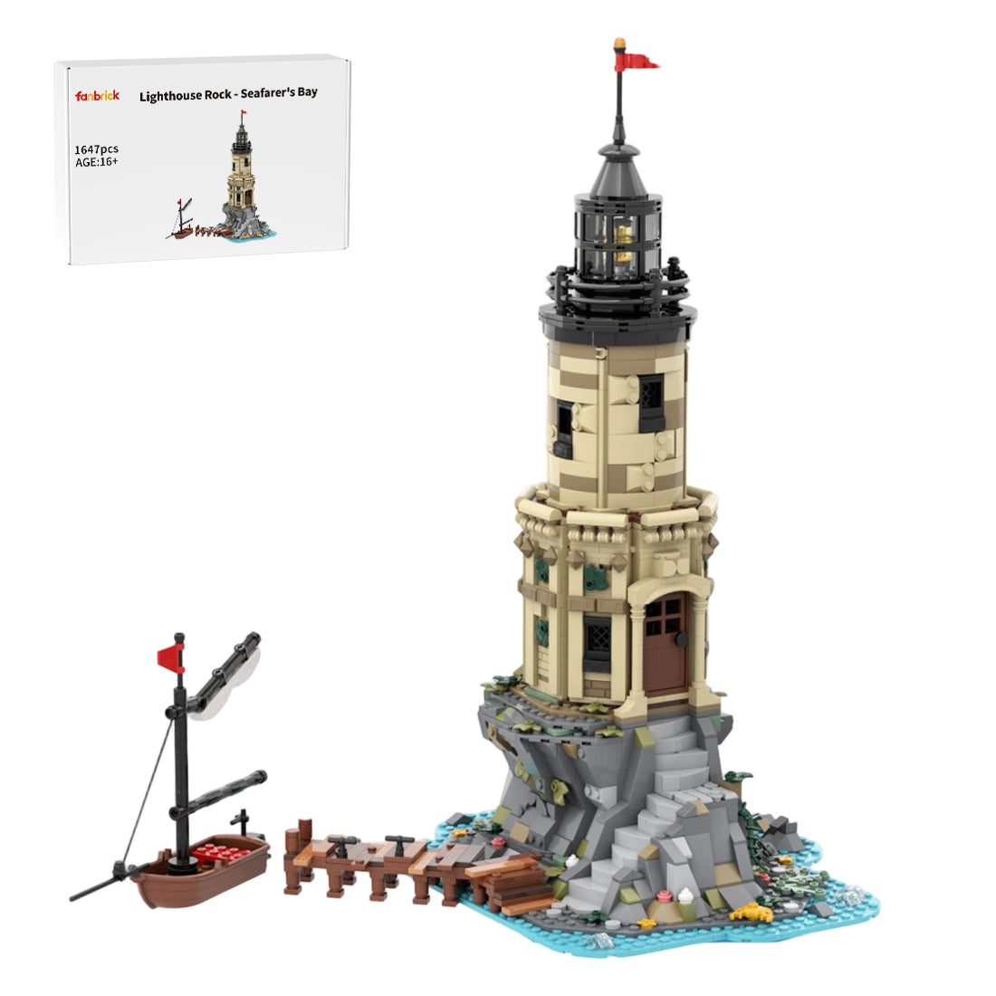 moc lighthouse rock - seaside harbor castle building blocks set
