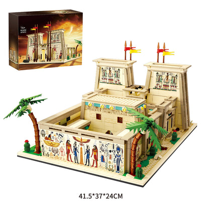 ancient egyptian temple architecture building blocks with courtyard and palm trees