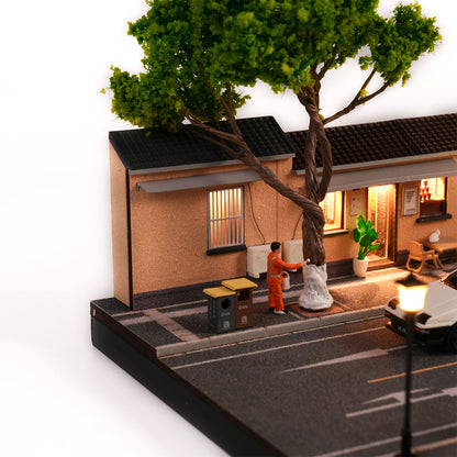 1/64 scale nanjing corner coffee shop diorama building scene model with led street lamps