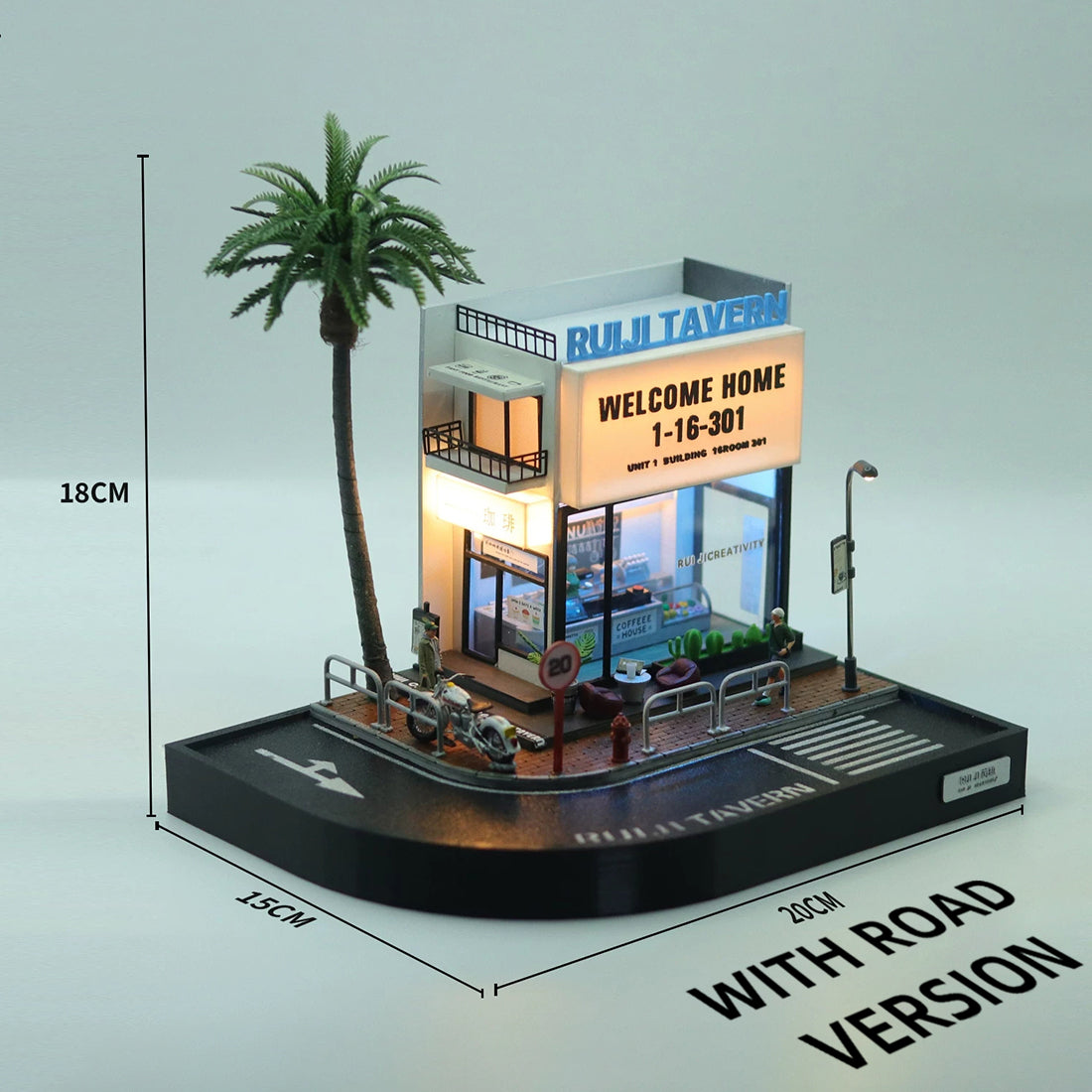 1/64 Scale LED Coffee Shop Diorama Street Corner Scene with Miniature Urban Display Base