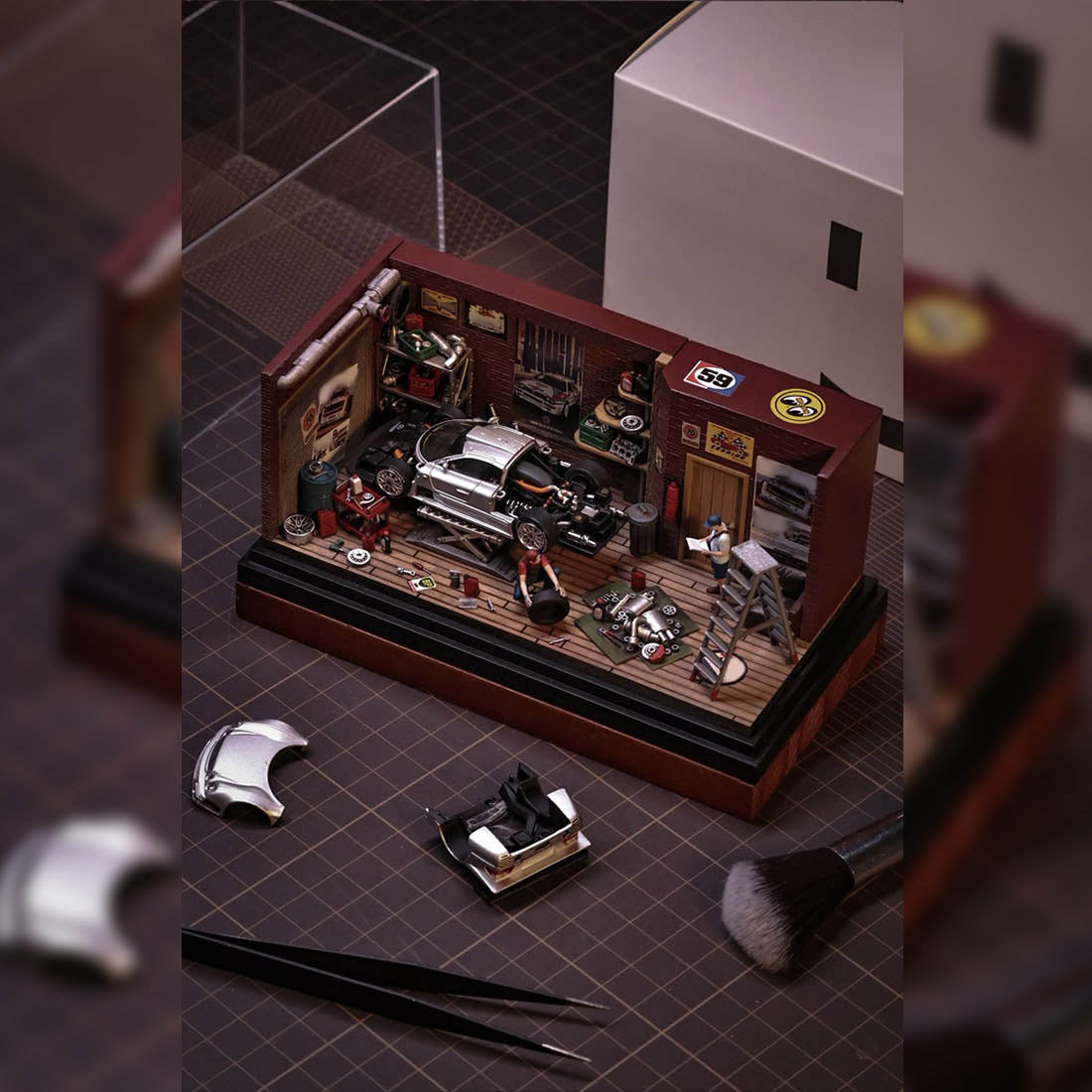 1/64 Scale Auto Repair Garage Diorama with LED Lighting