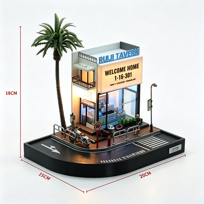 1/64 Scale LED Coffee Shop Diorama Street Corner Scene with Miniature Urban Display Base