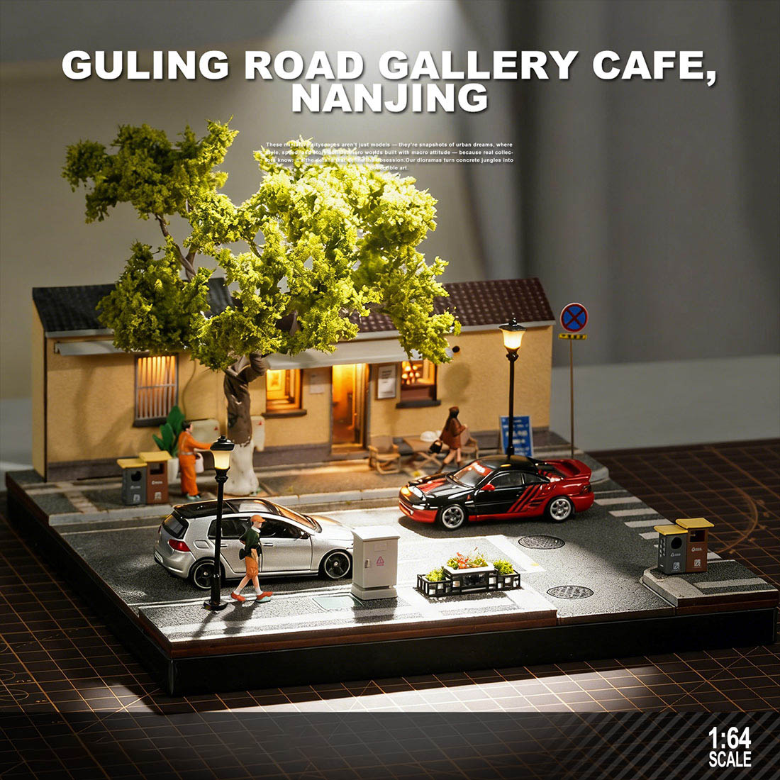 1/64 scale nanjing corner coffee shop diorama building scene model with led street lamps