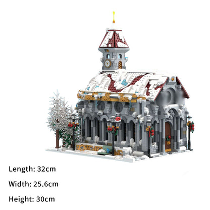 christmas cathedral building blocks set with snowy roof and clock tower moc model