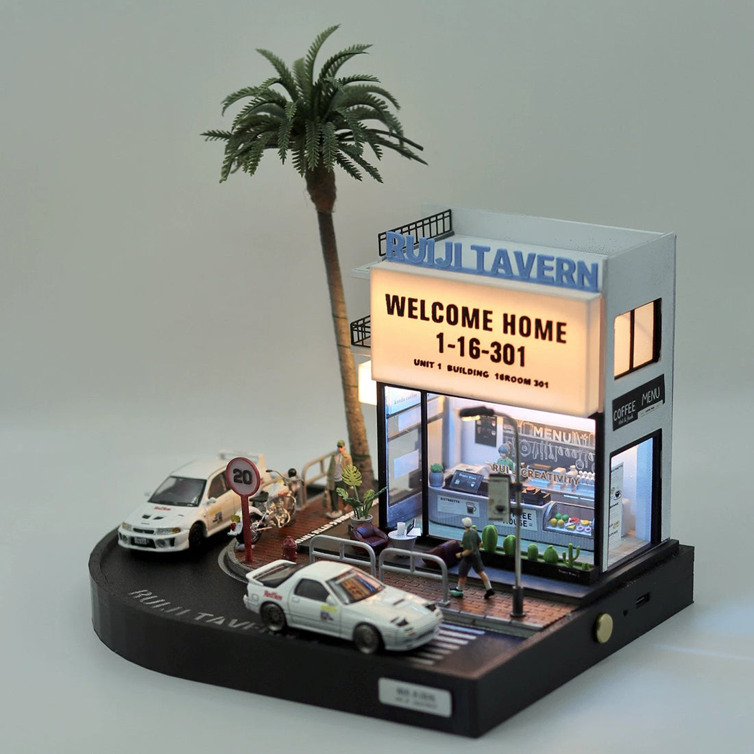 1/64 Scale LED Coffee Shop Diorama Street Corner Scene with Miniature Urban Display Base