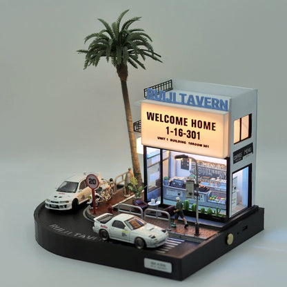 1/64 Scale LED Coffee Shop Diorama Street Corner Scene with Miniature Urban Display Base