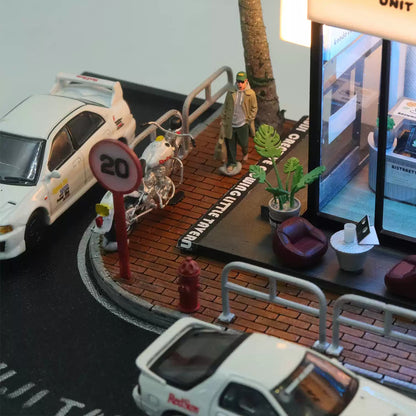 1/64 Scale LED Coffee Shop Diorama Street Corner Scene with Miniature Urban Display Base