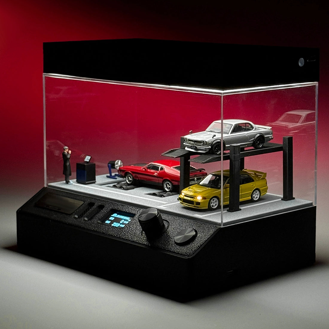 1/64 Scale Miniature Dynamic Garage Diorama Display Stand with LED Vehicle Test Bench
