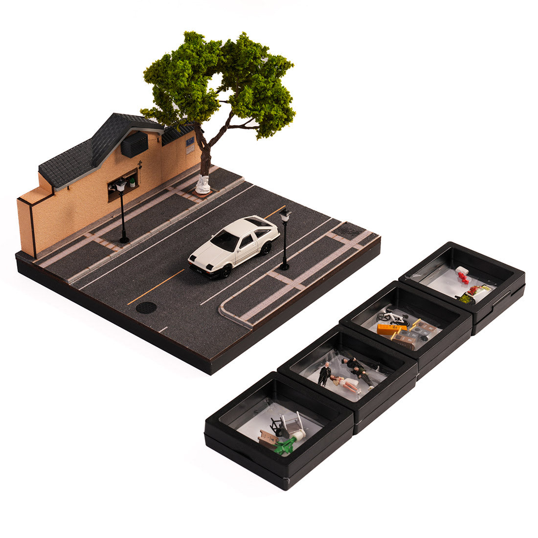 1/64 scale nanjing corner coffee shop diorama building scene model with led street lamps