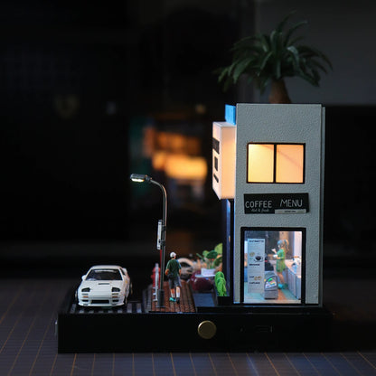 1/64 Scale LED Coffee Shop Diorama Street Corner Scene with Miniature Urban Display Base