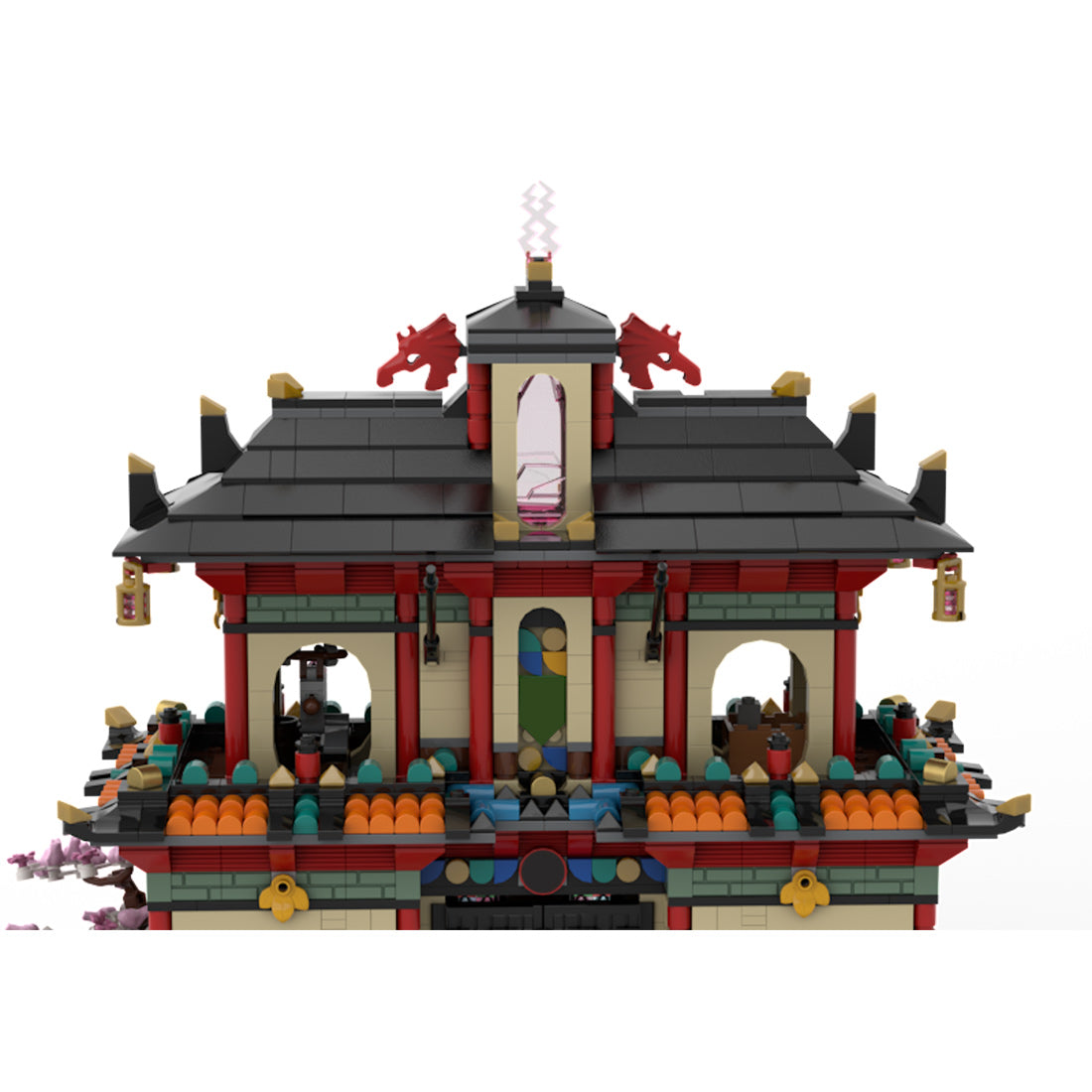 east asian ancient shrine tower building blocks model with lanterns mythical creatures and stone base