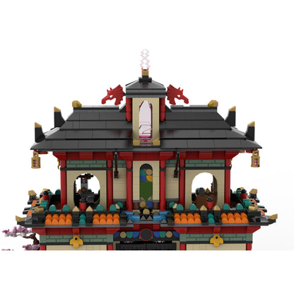 east asian ancient shrine tower building blocks model with lanterns mythical creatures and stone base