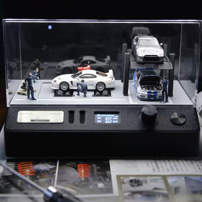 1/64 Scale Miniature Dynamic Garage Diorama Display Stand with LED Vehicle Test Bench