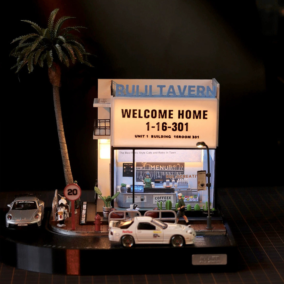led miniature coffee shop street scene for 1/64 diecast car display