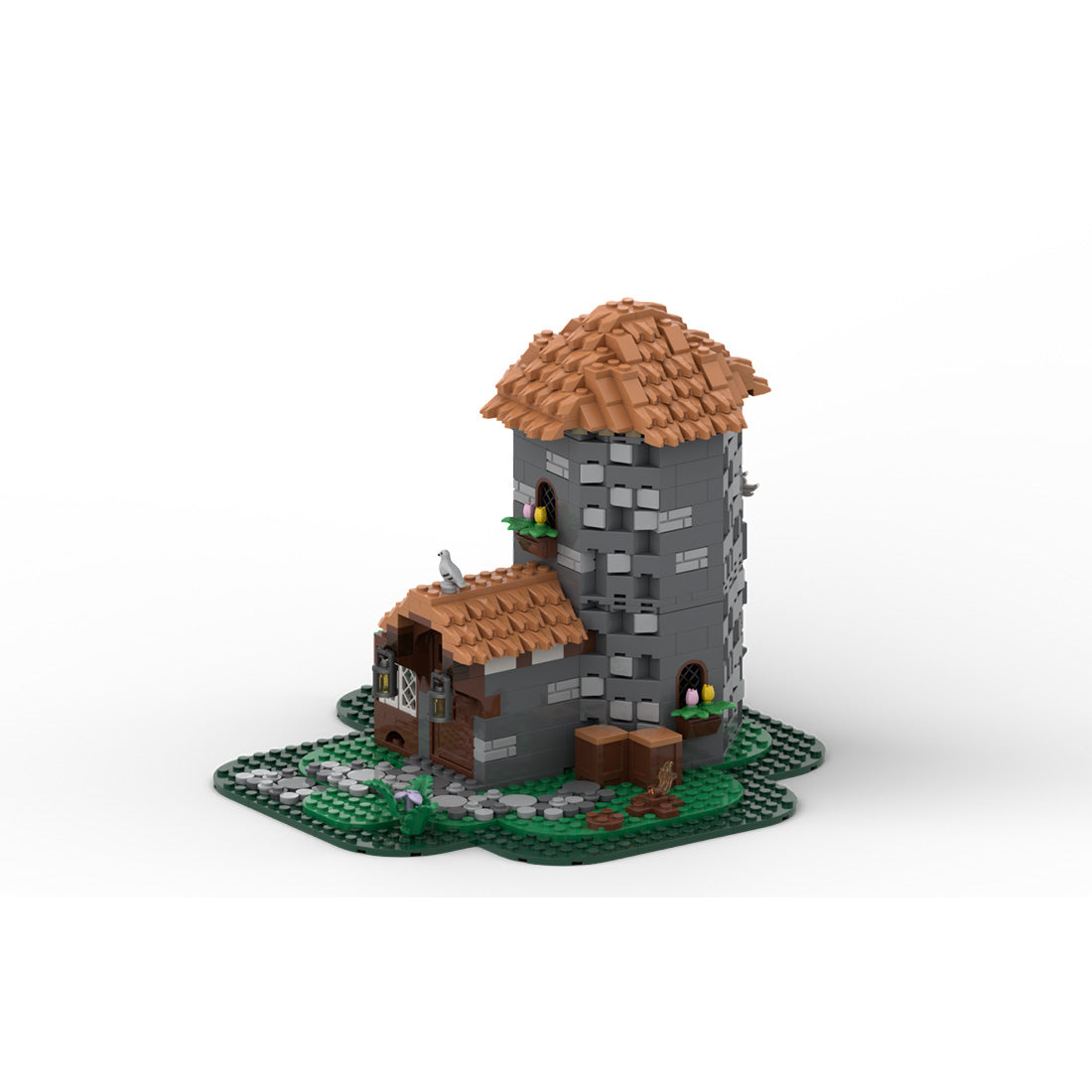 medieval village cottage with stone tower building blocks